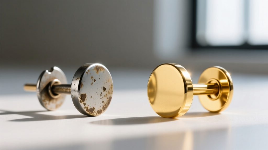 Side-by-side macro comparison of a tarnished zinc alloy cosplay earring post next to a polished 20-gauge solid 14k gold post
