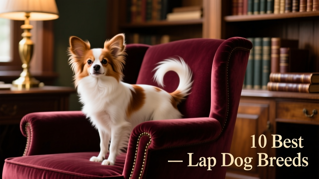 A Papillon perched gently on a velvet armchair, ears perked and tail curled over its back