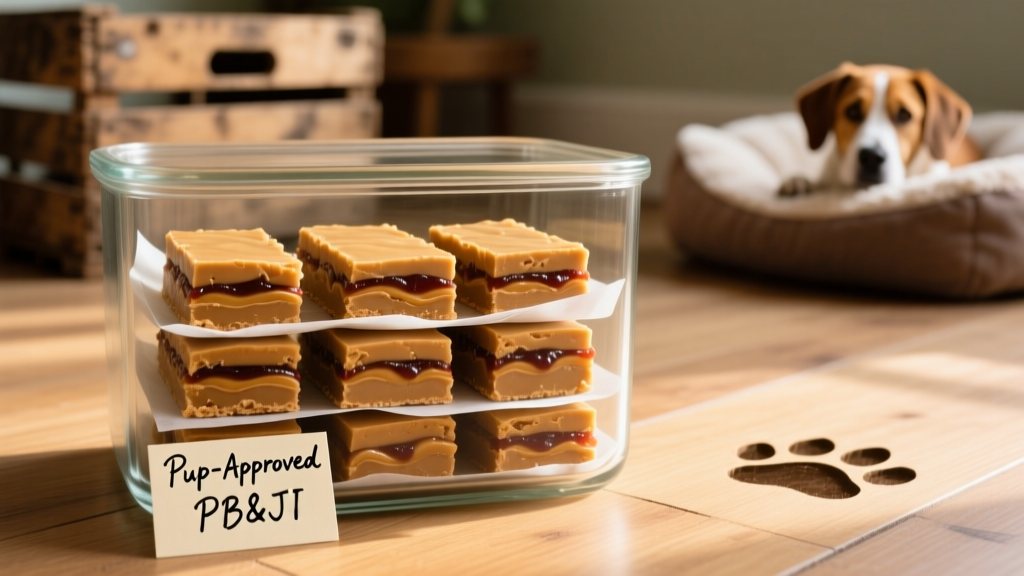Finished treats neatly arranged in a glass storage container with parchment layers visible between stacks