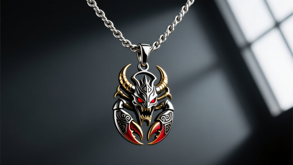 A heavy 5mm stainless steel rope chain with a lobster clasp supporting a large Devil May Cry amulet on a dark slate background.