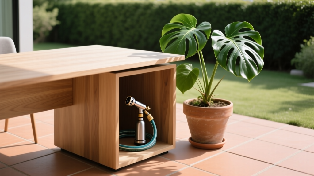 Outdoor patio home office desk with a hidden compartment garden hose nozzle safe resting casually against a potted monstera plant