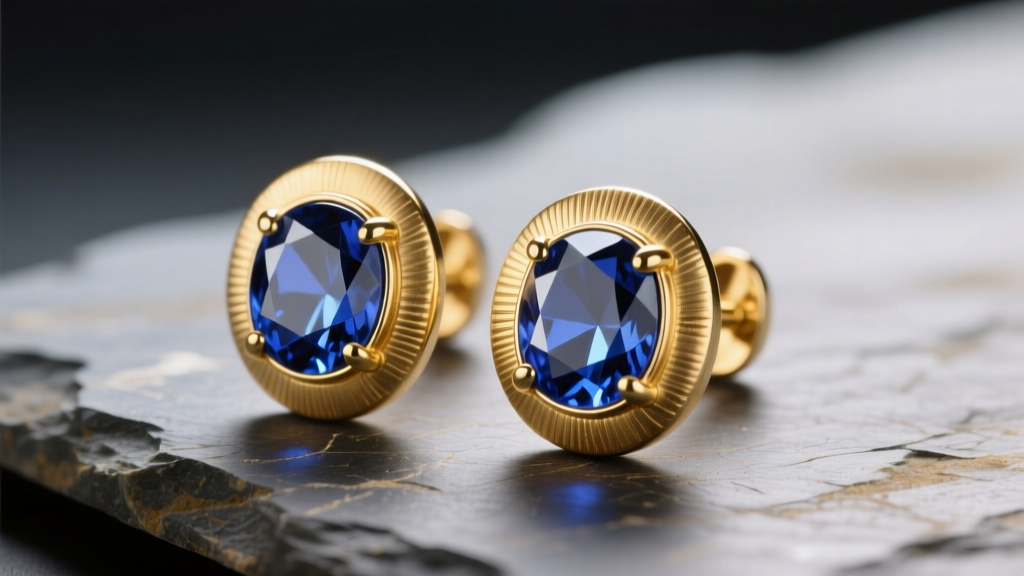 Macro shot of 14k gold Khoi earrings on slate, highlighting brushed texture and bezel-set sapphire under soft studio lighting