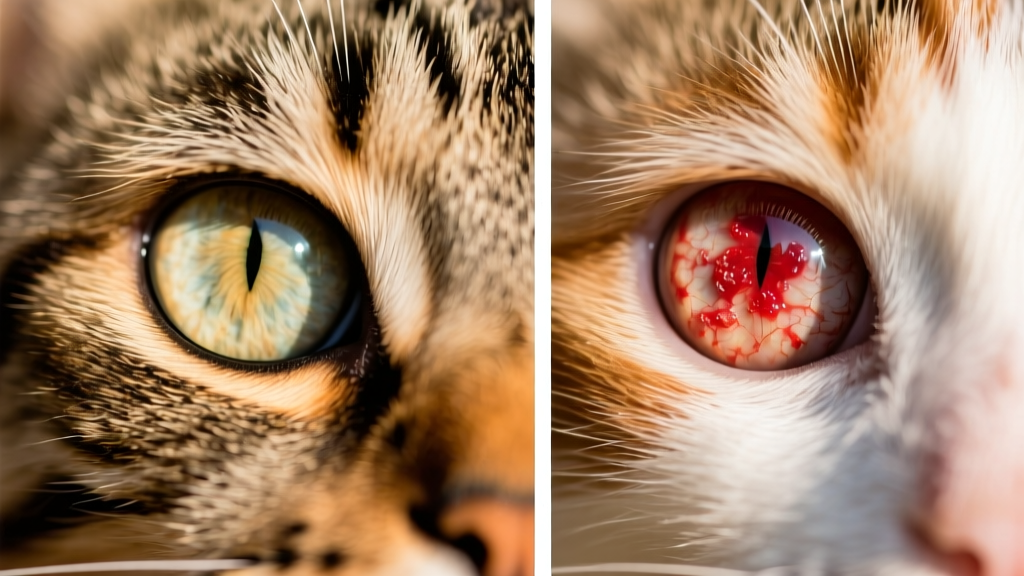 Side-by-side comparison showing healthy cat eye versus eye with visible conjunctivitis symptoms like redness and discharge