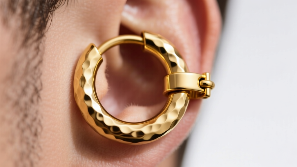 Macro shot of a thick 14k yellow gold 12-gauge huggie hoop on a male earlobe, showing hammered texture and secure clicker clasp