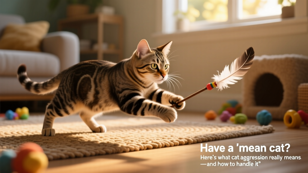 Cat mid-pounce during interactive play with a wand toy, illustrating natural hunting behavior