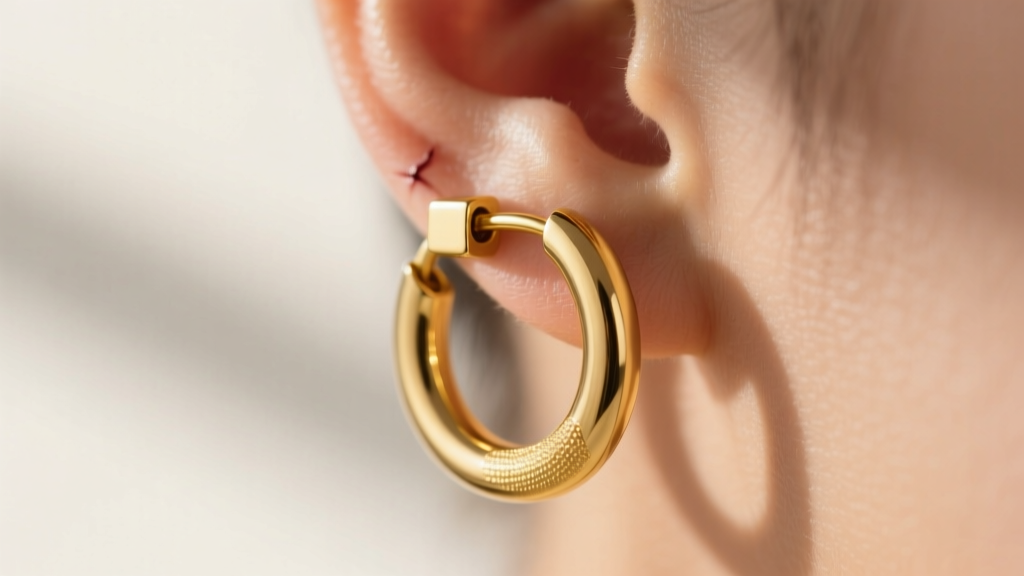Close-up of a 14k solid yellow gold huggie hoop earring clasped on a healed earlobe, highlighting its seamless hinge mechanism.