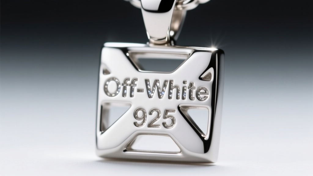 Macro close-up of an Off White pendant hallmark showing the 925 stamp and crisp font kerning under bright jewelry loupe lighting