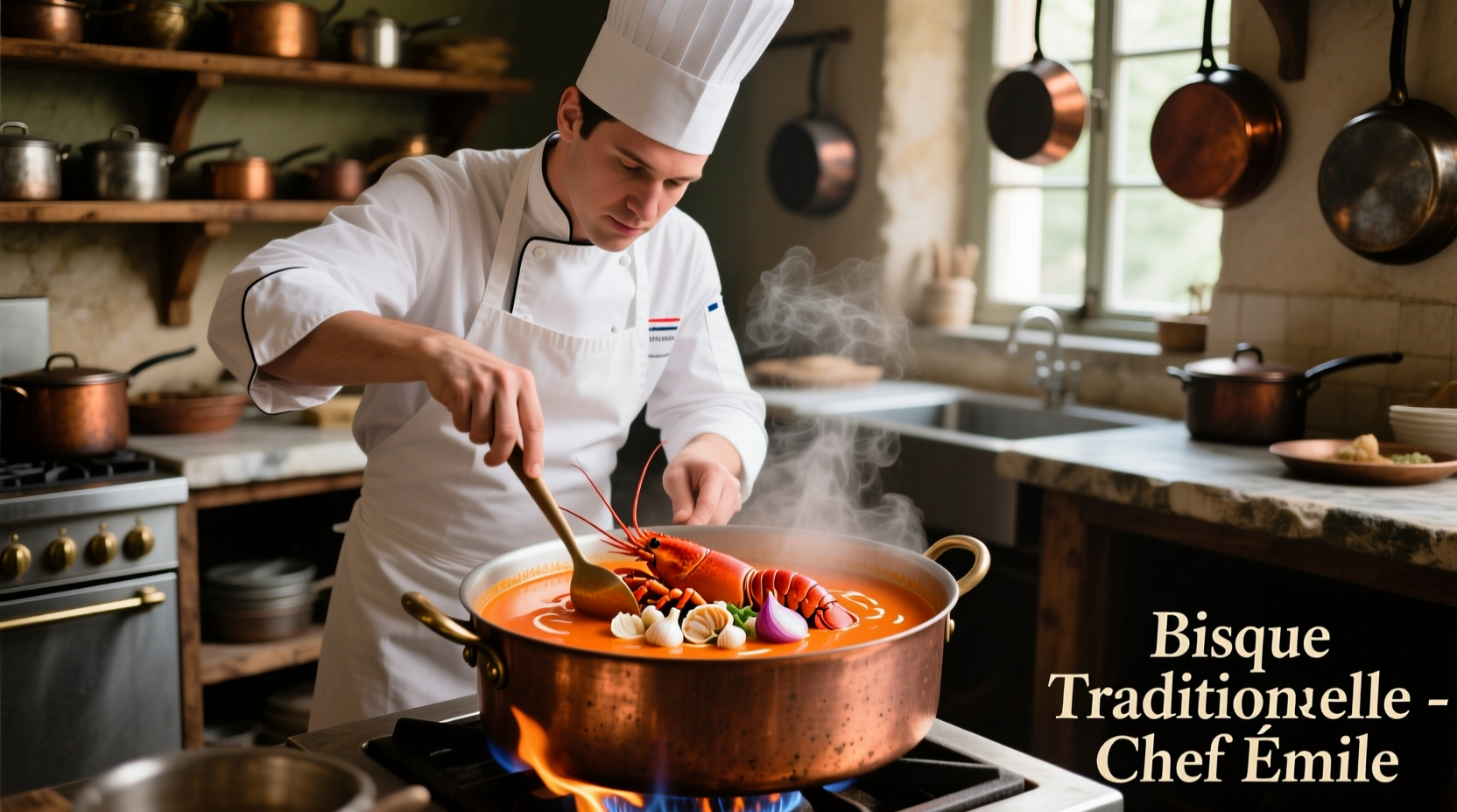 Chef preparing traditional bisque with shellfish