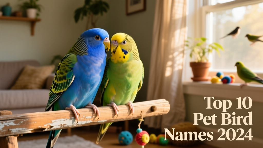 A pair of colorful lovebirds sitting side-by-side on a wooden perch, gently preening each other's feathers