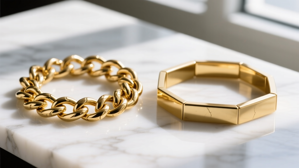 Side-by-side macro comparison of a severely kinked gold herringbone chain and a smooth gold box chain on a white marble surface