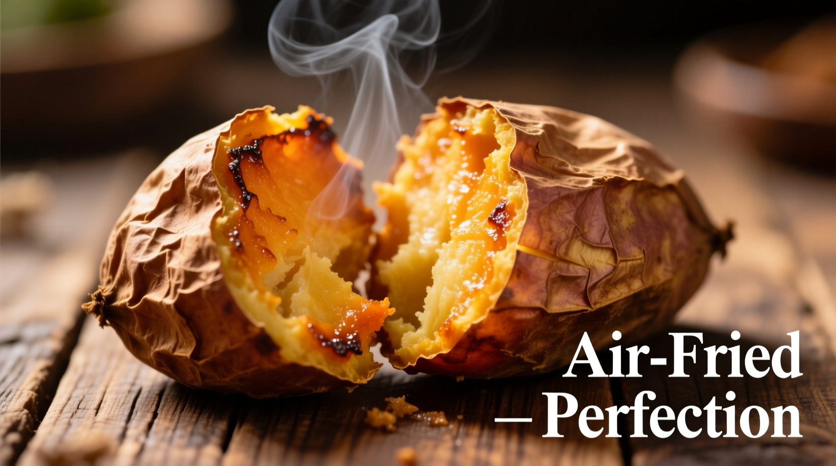 Golden brown air fried sweet potato cut open