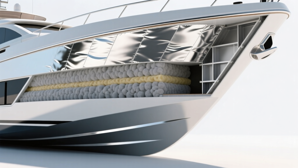 Yacht hull cross-section showing layered marine insulation material with foil facing and mineral wool core between aluminum frames