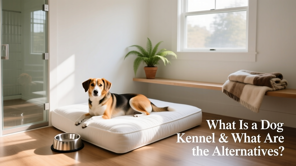 A dog resting comfortably in a clean, well-lit indoor kennel space with bedding and a water bowl