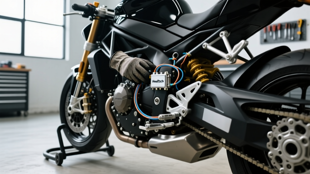 Mechanic installing a HealTech quickshifter sensor on a motorcycle shift linkage with wiring routed neatly along the frame