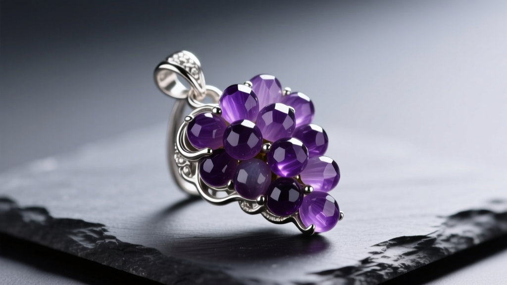 Macro photography of a sterling silver pendant featuring deep purple botryoidal grape agate clusters resting on dark slate