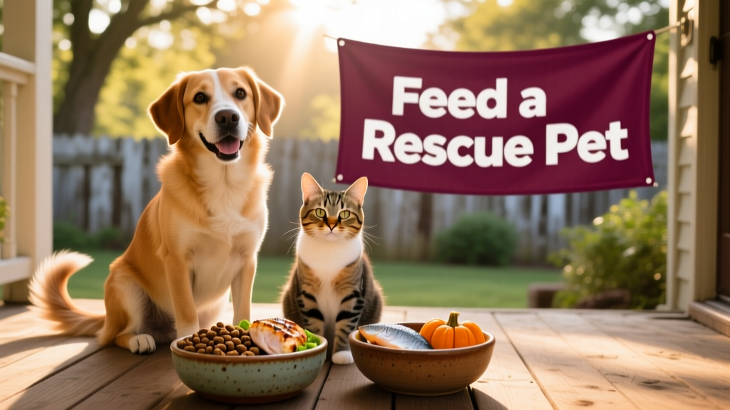 A joyful dog and cat sitting side by side beside bowls of nutritious food, with a 'Feed a Rescue Pet' banner in the background