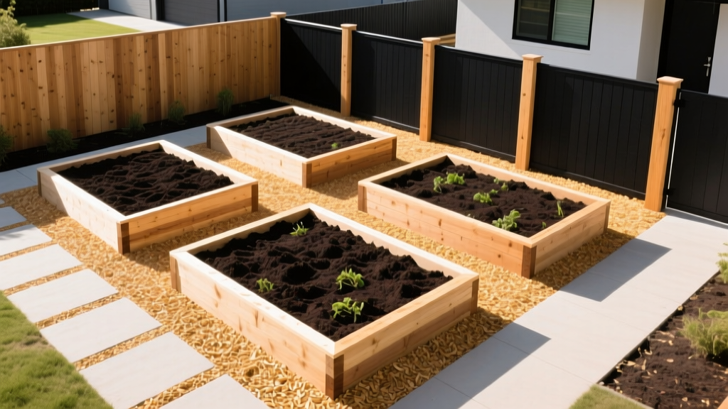 Overhead view of new cedar raised garden beds filled with dark soil, surrounded by woodchip pathways and a modern suburban fence