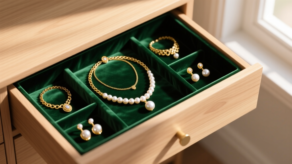 Overhead view of a light-oak drawer lined with emerald velvet, holding gold necklaces and pearl earrings in soft natural light.