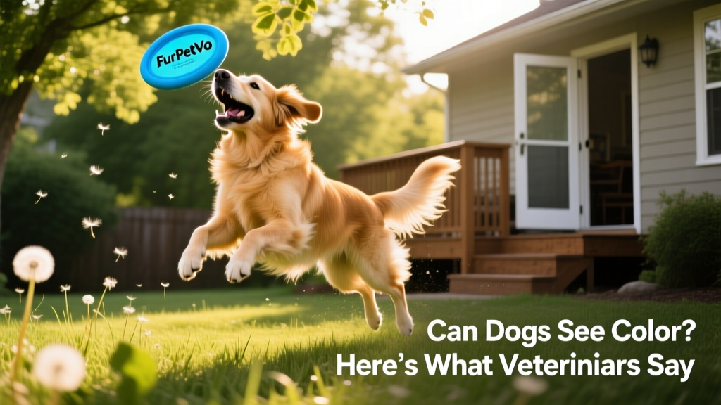 Dog happily playing with a bright blue FurPetVo rubber flyer toy in a sunlit backyard
