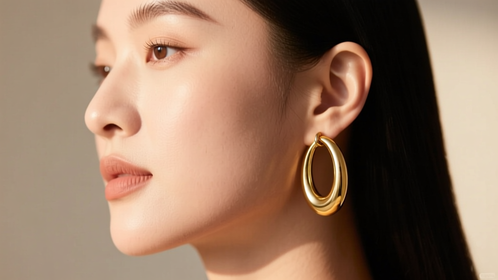 Side profile of a woman with a round face wearing 50mm oval gold hoops, showing how the drop flatters her jawline.
