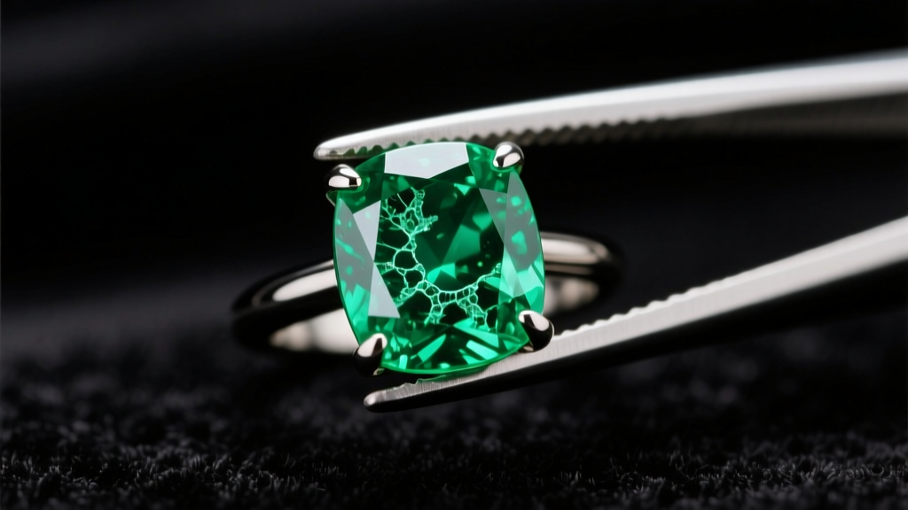 Macro shot of a vibrant green emerald ring showing natural inclusions, held by tweezers over dark velvet in soft studio lighting