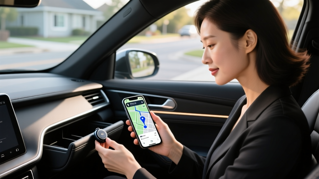 Woman discreetly adjusting a micro GPS tracker inside her vehicle glove compartment while checking a smartphone mapping application