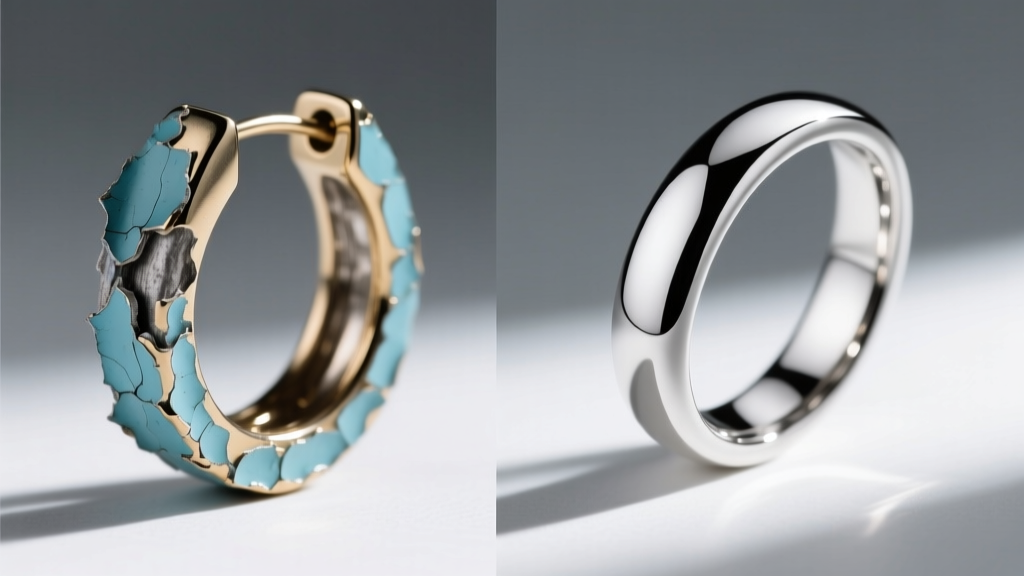 Macro comparison of peeling paint on a zinc earring versus smooth kiln-fired hard enamel on a high-quality sterling silver piece.
