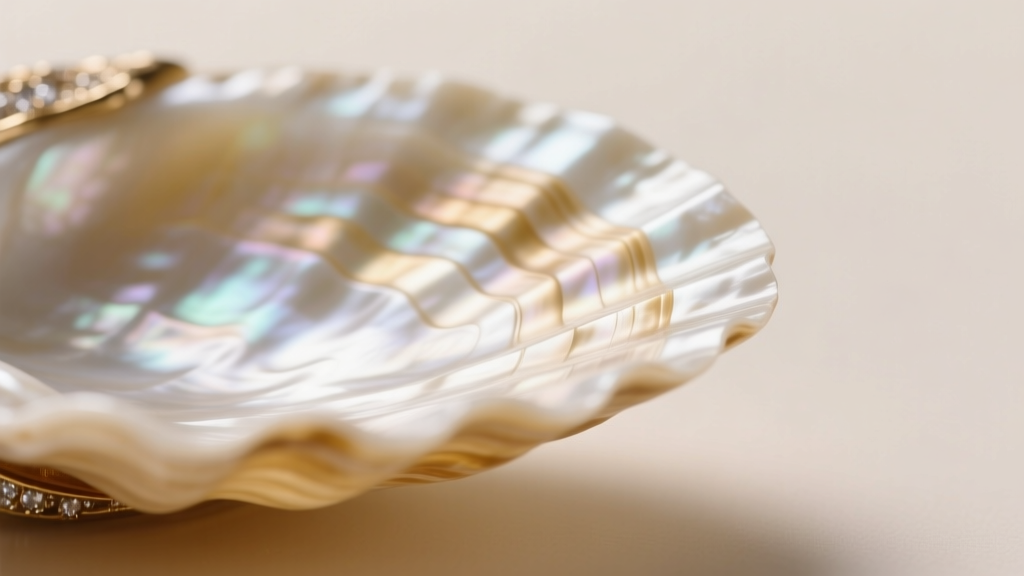 Close-up macro photography of a mother of pearl shell jewelry dish edge, showing natural nacre layers and subtle warm lighting.