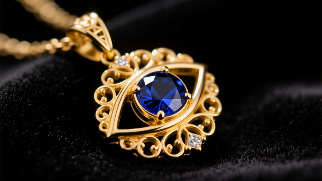 Close-up of a 14k yellow gold evil eye pendant with a sapphire center on dark velvet, illuminated by warm directional lighting.