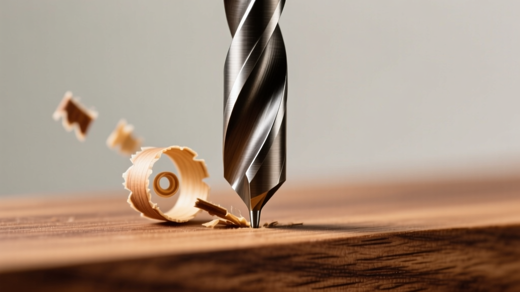 Close-up of a titanium-coated brad point drill bit cleanly boring into dense walnut wood, with curled shavings ejecting from the flutes