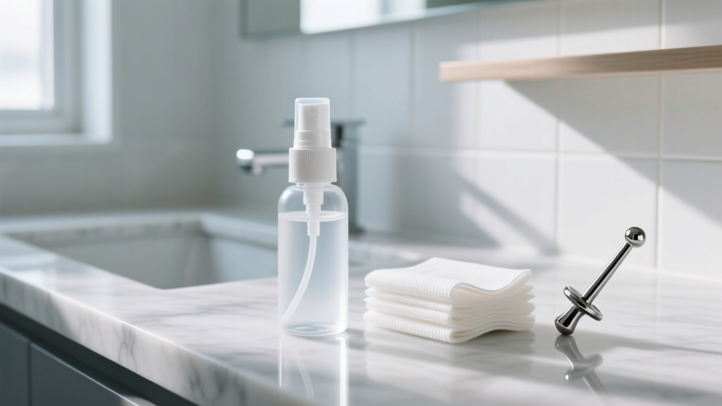 A sterile saline spray bottle and clean non-woven gauze pads arranged on a bathroom counter next to a titanium dermal anchor top