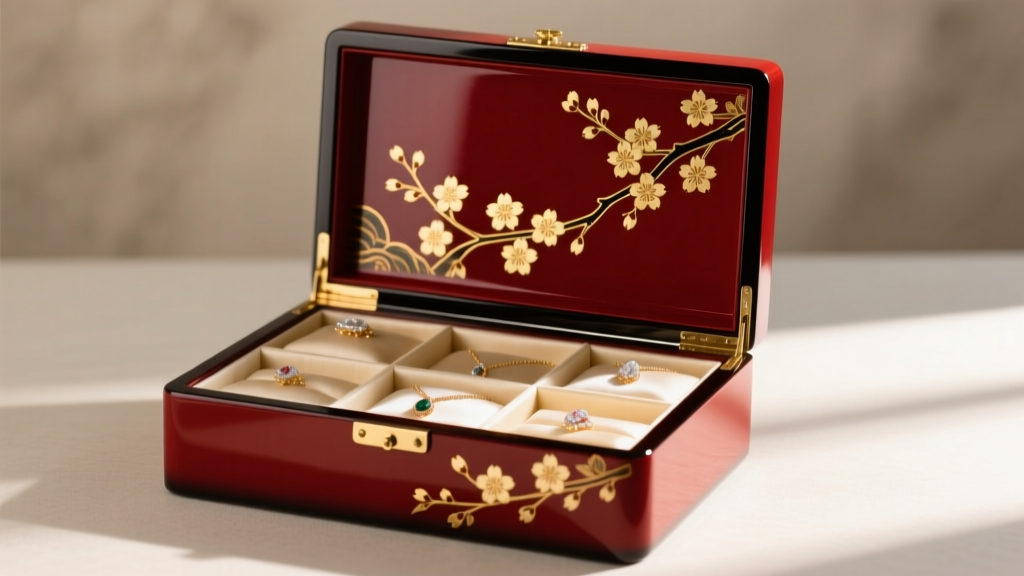 Elegant dark red Urushi lacquer asian jewelry box with gold maki-e cherry blossom motifs, open to reveal cream silk compartments.