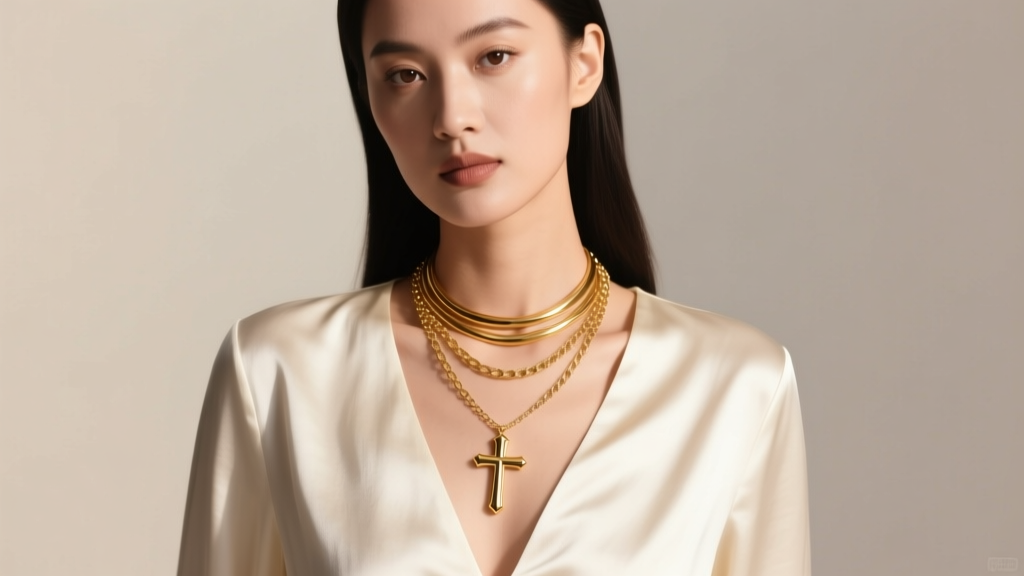 Editorial portrait of a woman in a deep v-neck silk blouse wearing a layered 16-inch and 20-inch gold cross necklace stack