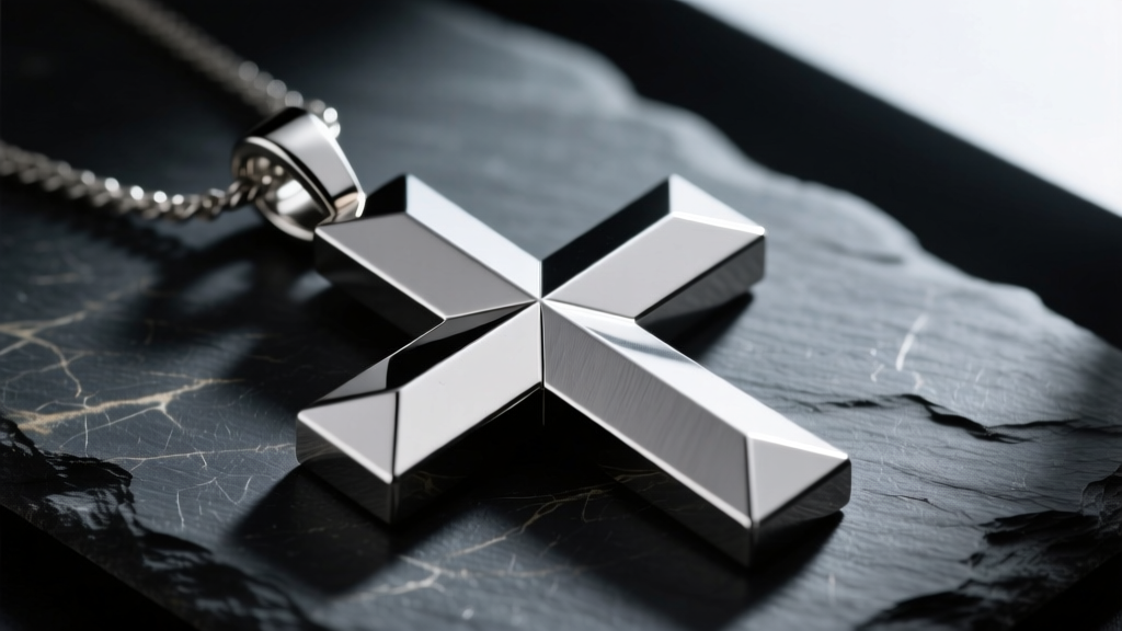 Close-up of a heavy 316L steel geometric cross pendant with angular brutalist edges resting on dark slate in moody studio light.