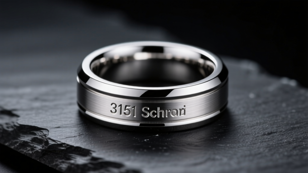 Macro photography of a polished 316L stainless steel signet ring resting on a dark slate surface, reflecting soft studio lighting.