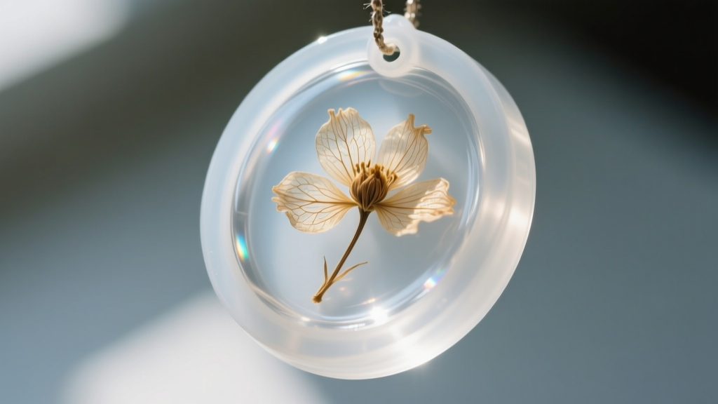 Overhead macro shot of a silicone mold filled with clear epoxy resin, capturing a tiny dried flower inside the jewelry cavity.