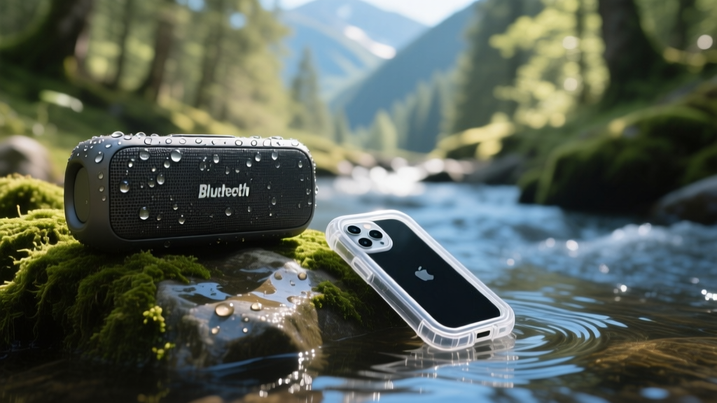 A rugged Bluetooth speaker covered in water droplets sitting on a wet mossy rock near a hiking trail stream, with an iPhone resting nearby in a waterproof case.