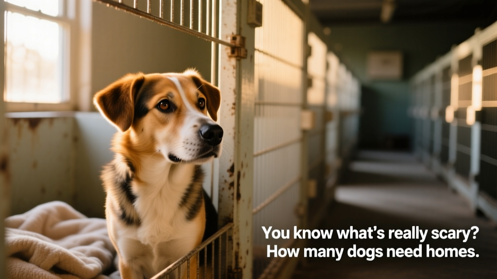 A gentle, hopeful-looking mixed-breed dog gazing out from a shelter kennel