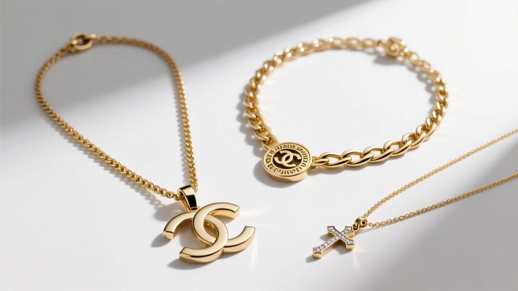 Overhead flat lay of three gold Chrome Hearts necklaces of varying lengths, featuring a CH Plus, a Keeper, and a small cross