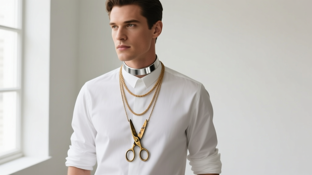 Tailor wearing a layered necklace featuring a vintage brass scissor pendant on a wheat chain, paired with a simple silver choker.