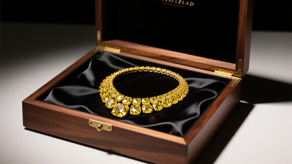 Open mahogany box revealing a 400-carat yellow diamond pendant necklace on black silk under dramatic gallery spotlighting
