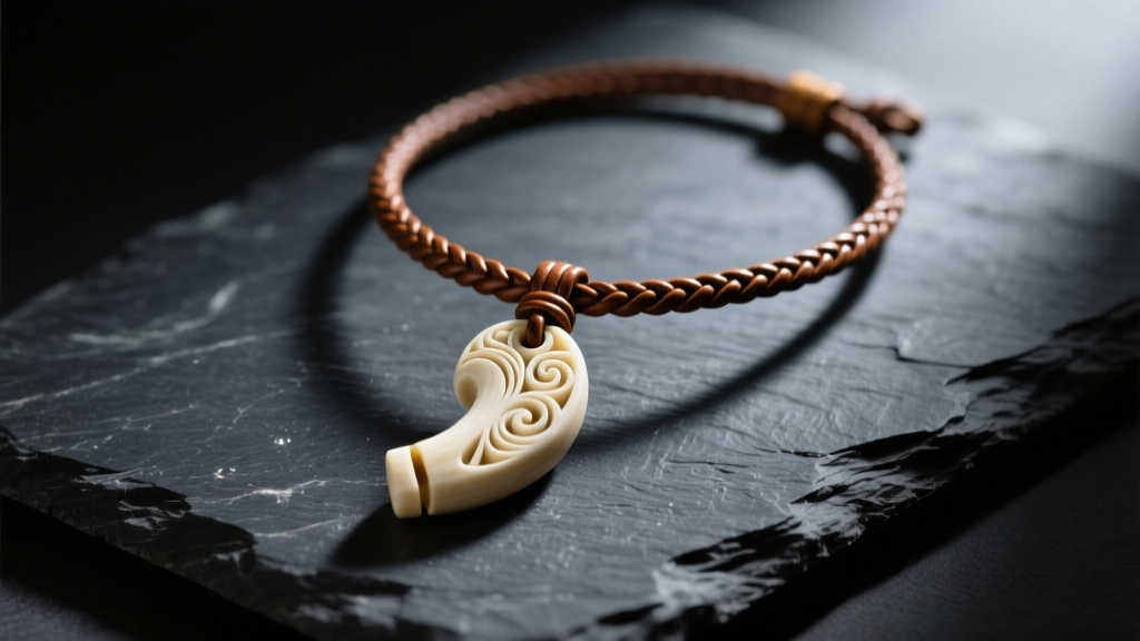 Wide shot of an artisan necklace with a carved bone pendant on a braided leather levy cord, resting on dark slate, moody lighting
