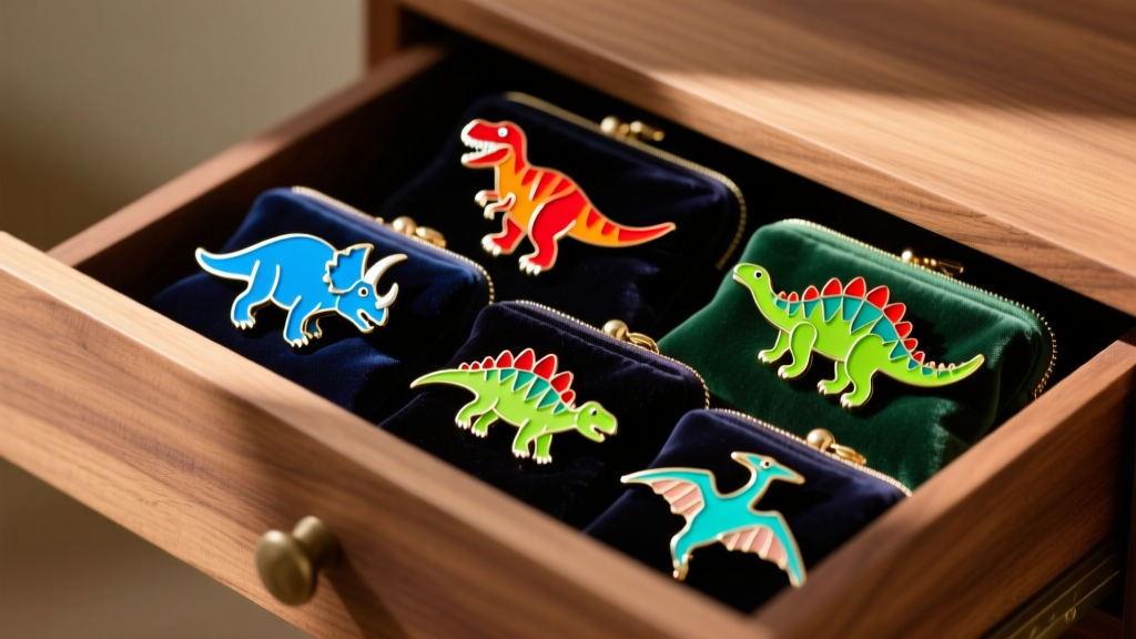 Velvet jewelry pouches inside a wooden drawer storing various brightly colored acrylic and enamel dinosaur stud earrings safely