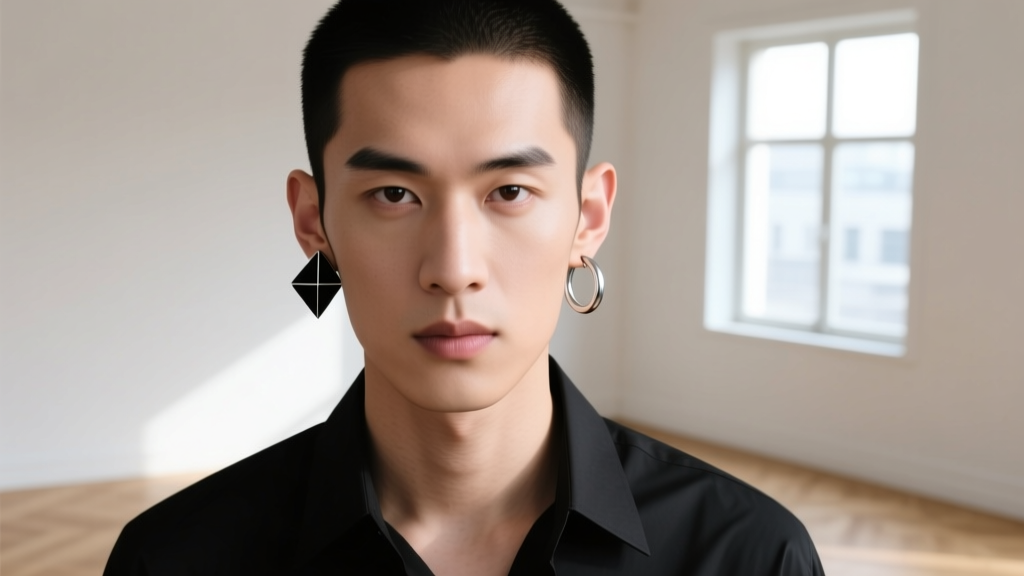 Front-facing editorial shot of a man wearing an asymmetrical earring setup with a black onyx stud and a small silver huggie hoop.