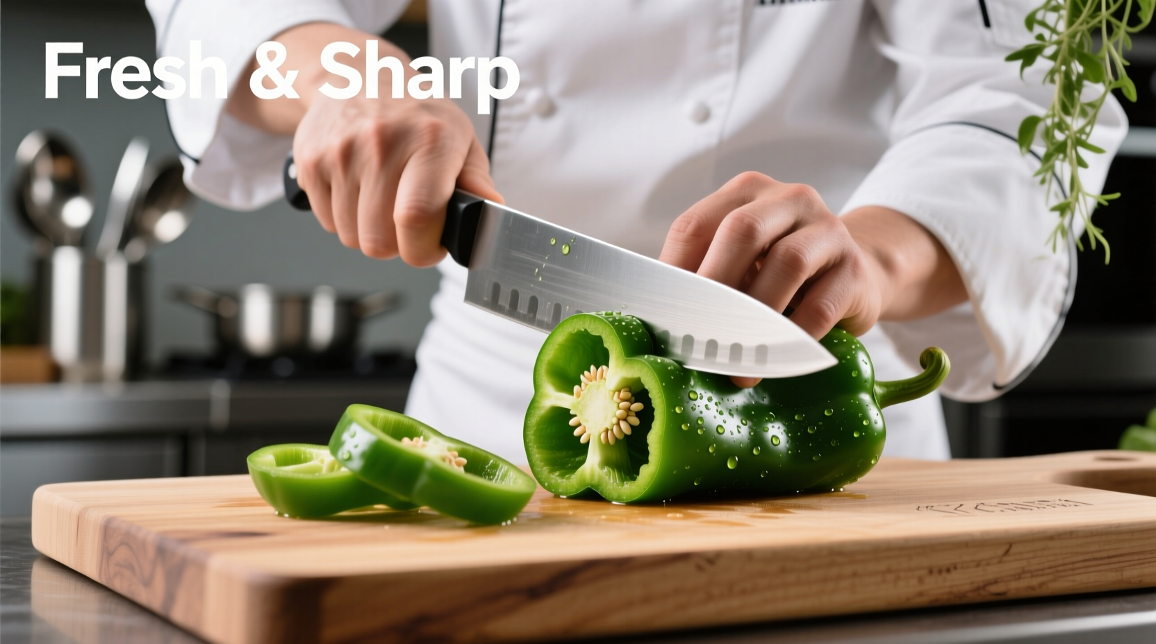 Chef slicing fresh green peppers on cutting board