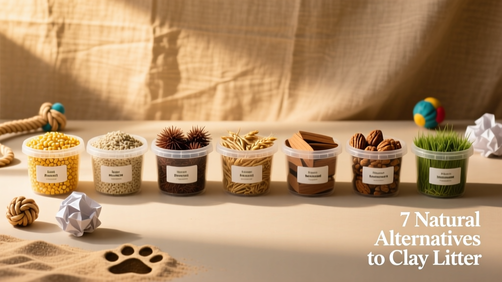 A variety of natural cat litter types arranged side by side: corn, paper, pine, wheat, wood, walnut, and grass