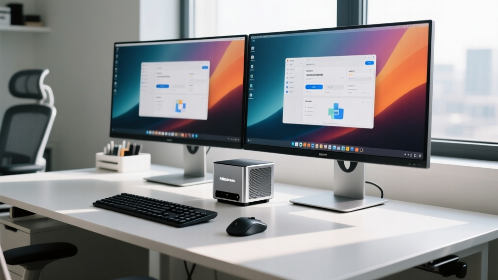 Modern desk featuring a mounted Minisforum MS-01 mini PC connected to dual ultrawide monitors for compact enterprise computing