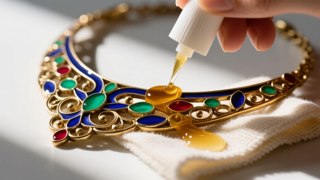 Close-up of a soft cloth applying micro-crystalline wax to seal the surface of a vintage brass and enamel necklace