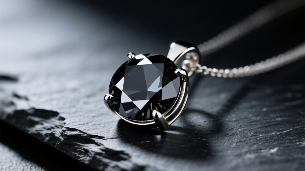 Macro shot of a 2-carat natural carbonado black diamond pendant in a platinum bezel on dark slate with dramatic side lighting.