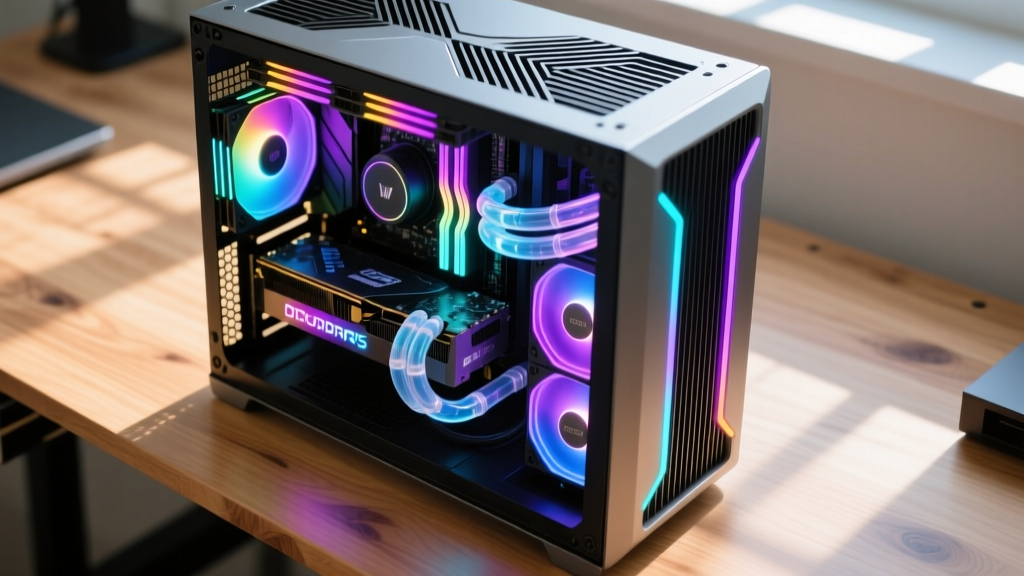 Top-down view of a custom gaming PC build featuring RGB DDR5 RAM, a modern GPU, and liquid cooling tubes on a wooden workbench